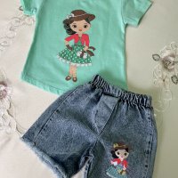 Комплект от дънкови къси панталонки с тениска, снимка 8 - Детски комплекти - 41291416
