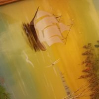 красива картина пейзаж рисувана от вътрешната страна на стъклото със дървена винтидж рамка , снимка 3 - Антикварни и старинни предмети - 44398853