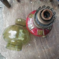 Стара газена лампа с кръгъл фитил със зелено прозрачно шише, снимка 2 - Други ценни предмети - 37030018