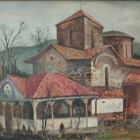 Стара картина,църква, бълг. автор, 1980-те год., снимка 2 - Картини - 32159798