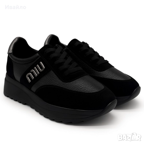 Дамски черни обувки от естествена кожа с платформа и метален акцент, снимка 1