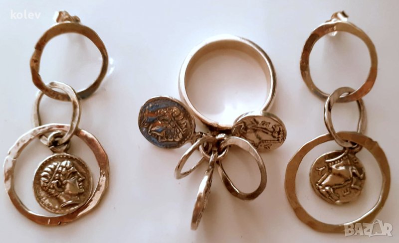 уникален сребърен комплект пръстен и обеци с реплики на монети, снимка 1
