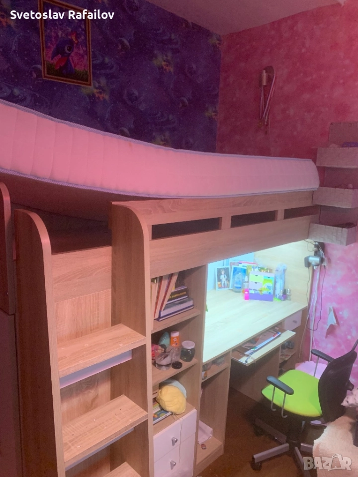 Детско двуетажно легло с бюро и гардероб с двулицев матрак Заедно детска секция с бюро и гардероб 15, снимка 1