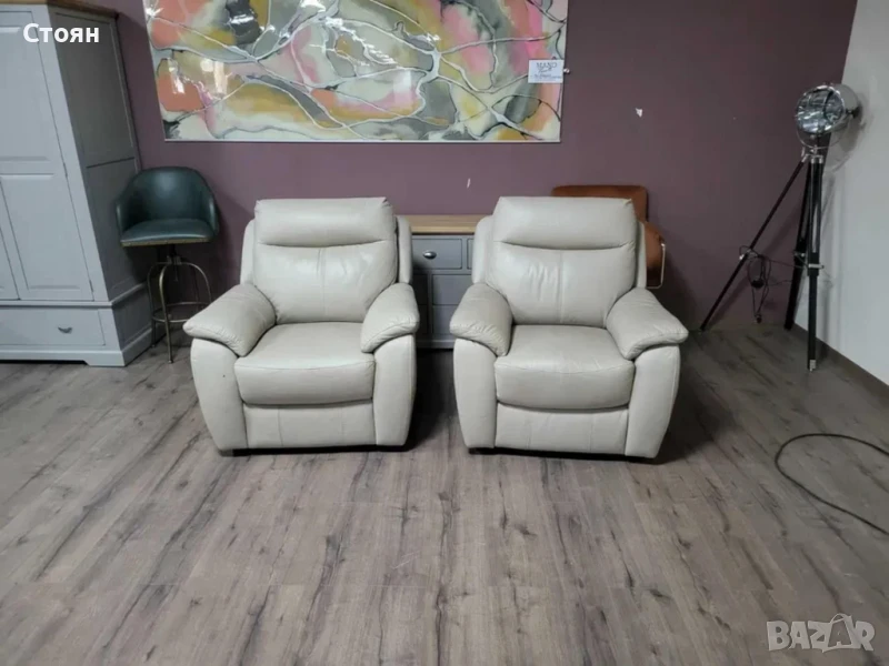 Комплект кремави кожени фотьойли - 2 броя, снимка 1