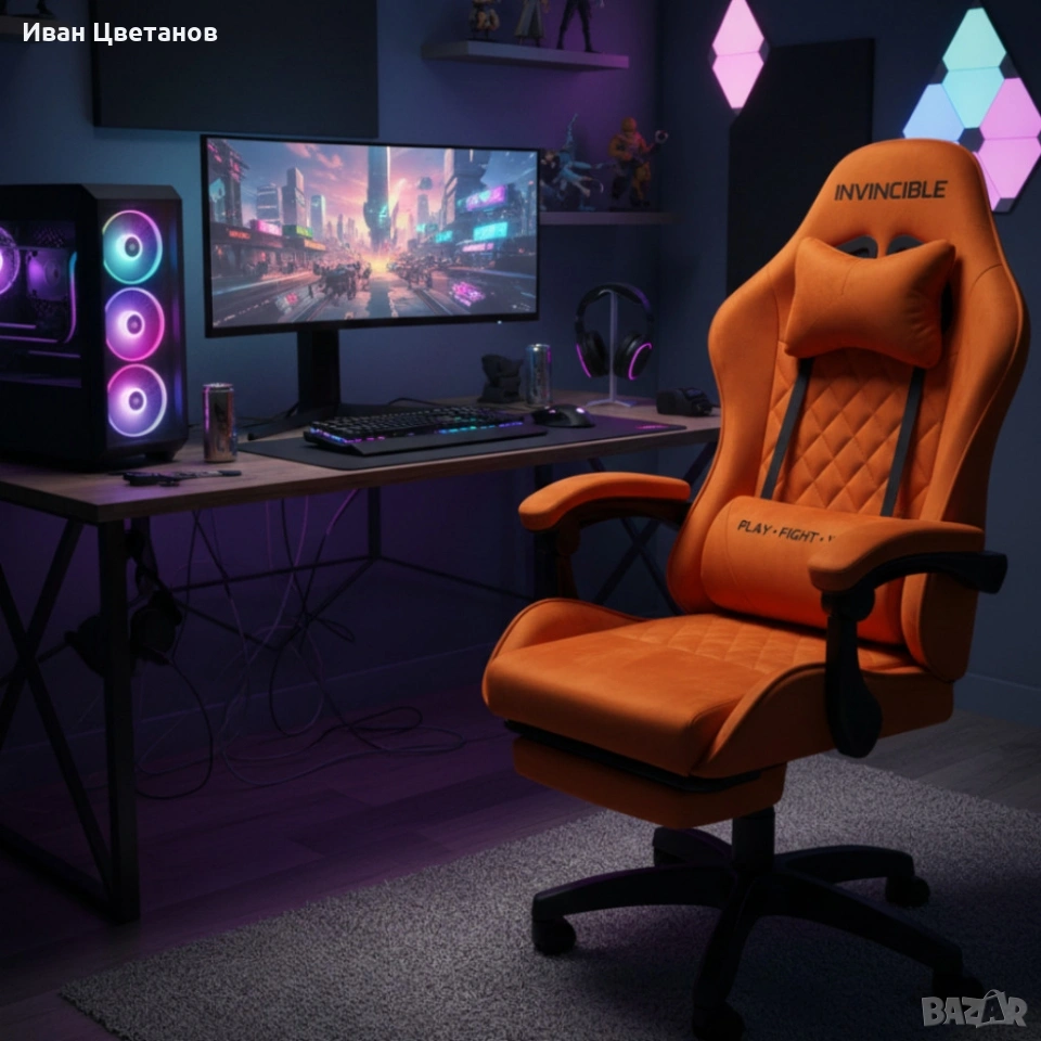 Оранжев велурен геймърски стол с поставка за крака – ергономичен, метална рамка, снимка 1