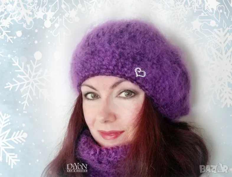 Луксозна плетена лилава шапка барета с мохер, снимка 1