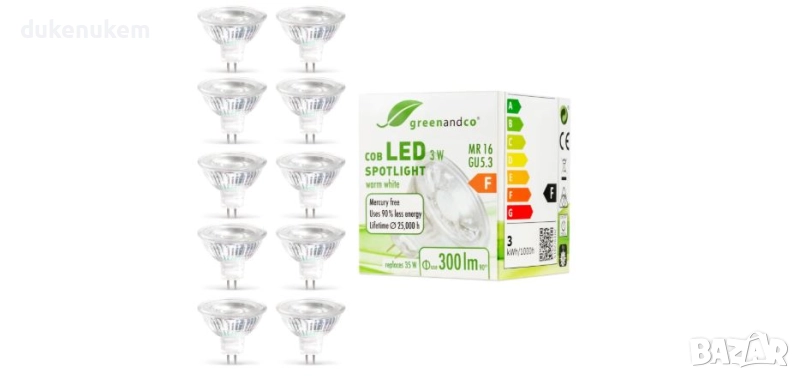 LED крушки GU5.3 3W, MR16, топлобяло, 38° 12V, 8 бр, снимка 1
