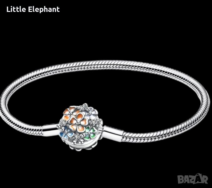 Сребърна гривна Пандора,"Flowers",змийска плетка,20 см/нова, снимка 1