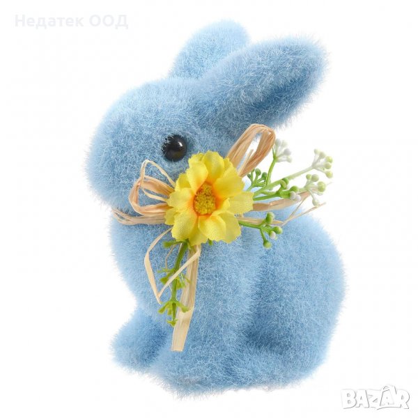 Великденскa декорация, Заек с шалче отцветя, 14 см, Син, снимка 1