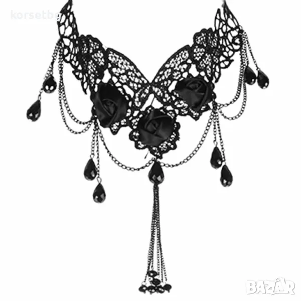 Елегантно черно дантелено колие със сатенени рози и висящи мъниста 12971, снимка 1