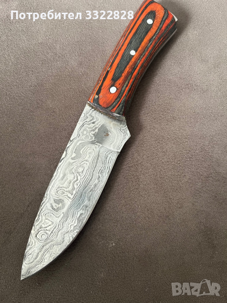 Ловен нож от Дамаска стомана дръжка дърво кожена кания, снимка 1