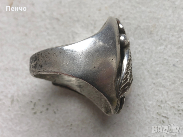 стар дизайнерски сребърен пръстен с тюркоаз и корал, снимка 5 - Антикварни и старинни предмети - 53653775