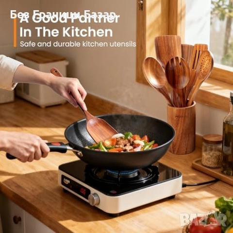 Нов Комплект дървени лъжици и шпатули от тик 9 части кухненски прибори, снимка 5 - Прибори за хранене, готвене и сервиране - 52655344