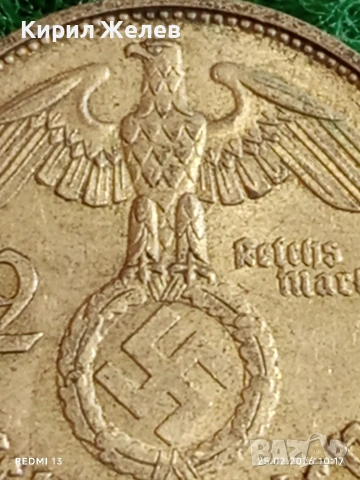 Сребърна монета 2 райхсмарки 1939г. Германия Трети Райх с Свастика за КОЛЕКЦИОНЕРИ 52977, снимка 4 - Нумизматика и бонистика - 53614927