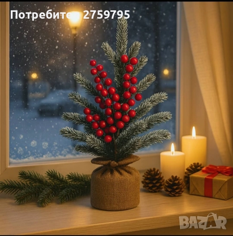 НОВО.Мини коледна елха със заснежени клонки и декоративни червени плодове ., снимка 2 - Други - 52670748
