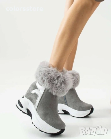 Боти на платформа - сив велур с пух - BH2025 