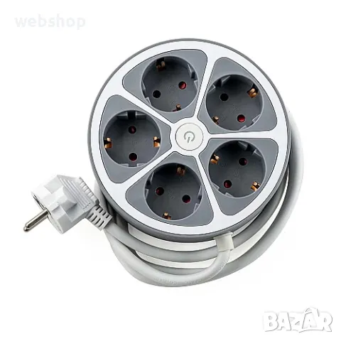 Кръгъл Разклонител за контакт с 5 гнезда и ключ 1.5М , снимка 1