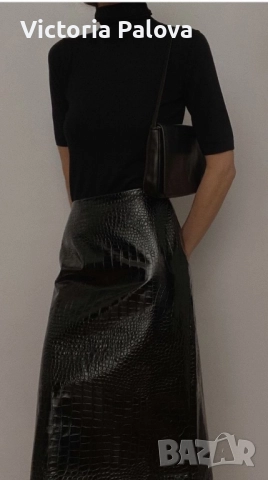 VINTAGE черна кожена миди пола, уникален дизайн, снимка 15 - Поли - 52086295