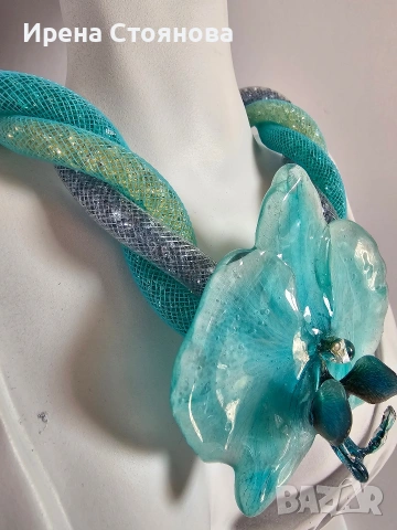 Колие с естествен цвят на орхидея в сини нюанси. Цветето е направено, като брошка , снимка 8 - Колиета, медальони, синджири - 53738127