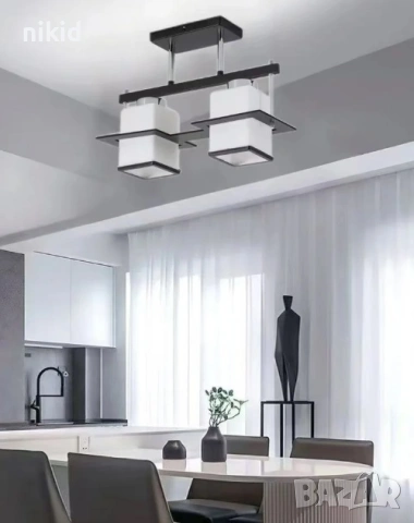 Полилей абажур квадратен квадрати Aramis Пендел с дървени лампи квадрат 2x E27 черно и бял