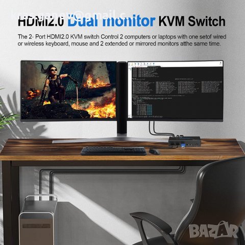 HDMI KVM Switch Dual Monitor 4K 60Hz USB 3.0 2 Ports with Hotkey 18Gbps HDCP2.3 2x HDMI Extended Dis, снимка 8 - Кабели и адаптери - 38874038