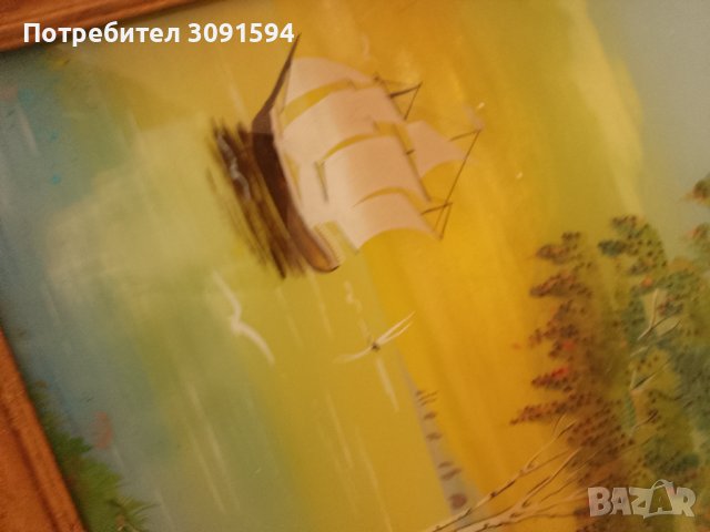 красива картина пейзаж рисувана от вътрешната страна на стъклото със дървена винтидж рамка , снимка 3 - Антикварни и старинни предмети - 44398853