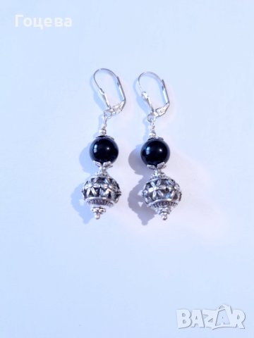 Разкошни обеци с камъни Черен диамант и фини филигранни орнаменти в цвят сребро , снимка 3 - Обеци - 41819201