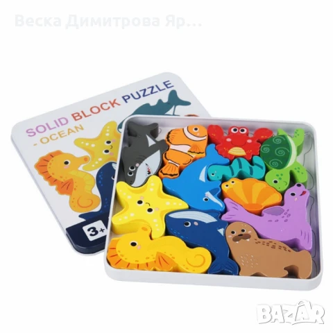 Дървен 3D пъзел с животни в метална кутия – 12 части, снимка 4 - Игри и пъзели - 51152771