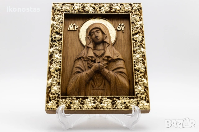 Позлатена релефна икона на Дева Мария от дъб с варак, снимка 4 - Икони - 53223253