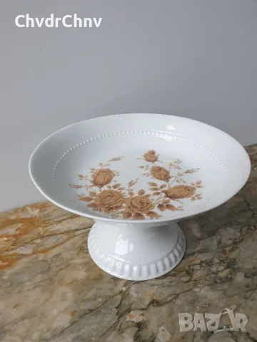 2бр Bareuther Бавария стара немска пиедестална порцеланова чиния-купа-фруктиера-ваза