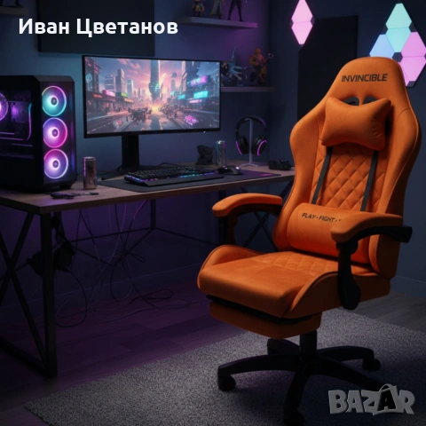 Оранжев велурен геймърски стол с поставка за крака – ергономичен, метална рамка