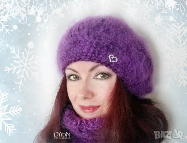 Луксозна плетена лилава шапка барета с мохер