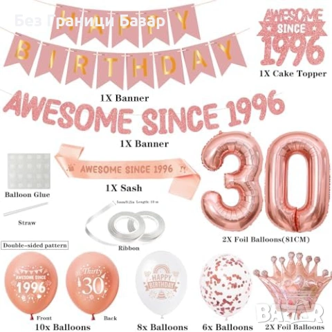 Нова украса Декорация за 30 години rose gold балони 30 корони банер happy birthday, снимка 2 - Други - 53696897