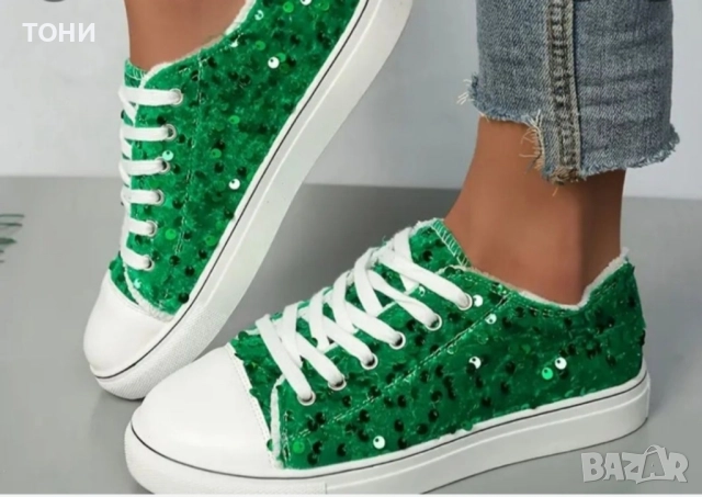 Зелени кецове с паети , снимка 3 - Кецове - 52307422