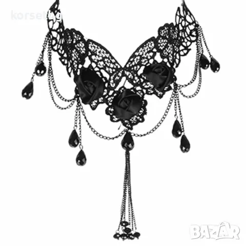 Елегантно черно дантелено колие със сатенени рози и висящи мъниста 12971, снимка 1