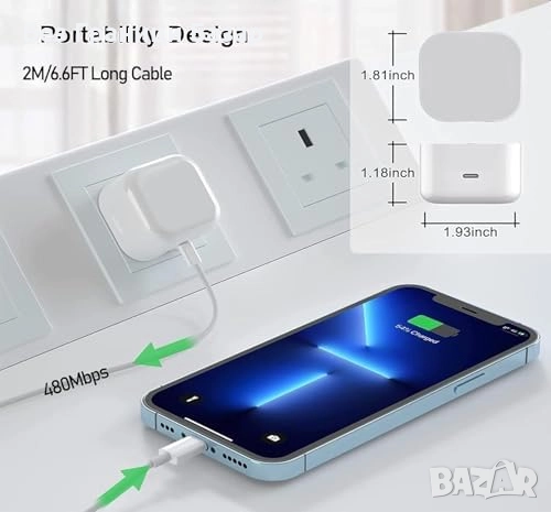 Ново 20W PD Зарядно за iPhone + USB-C към Lightning Кабел 2 метра Айфон адаптер, снимка 6 - Аксесоари за Apple - 51678434