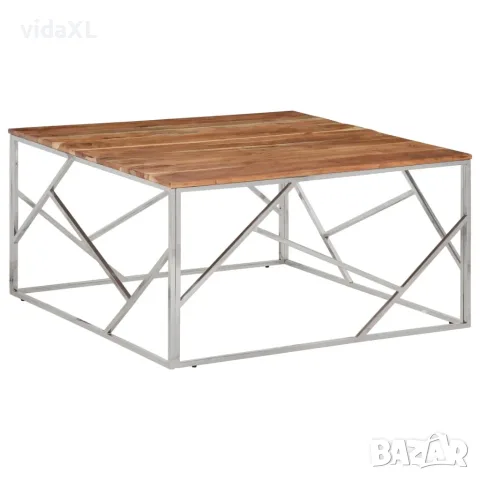 vidaXL Кафе маса, сребриста, неръждаема стомана и акациево дърво масив（SKU: 349959）
