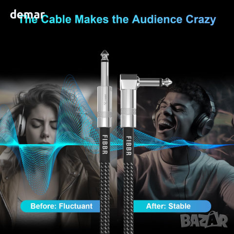 FIBBR кабел за китара 1.8M, кабел под прав ъгъл 1/4 инча, снимка 2 - Други - 44652531