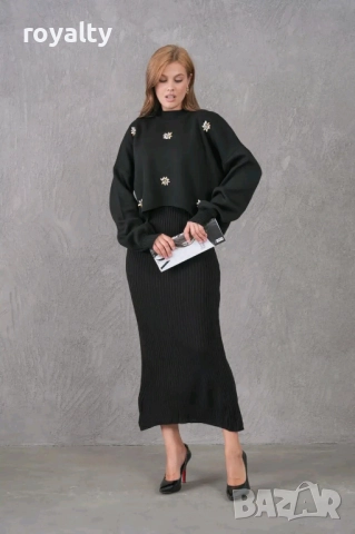 Черна Дамска Рокля с Пуловер 
