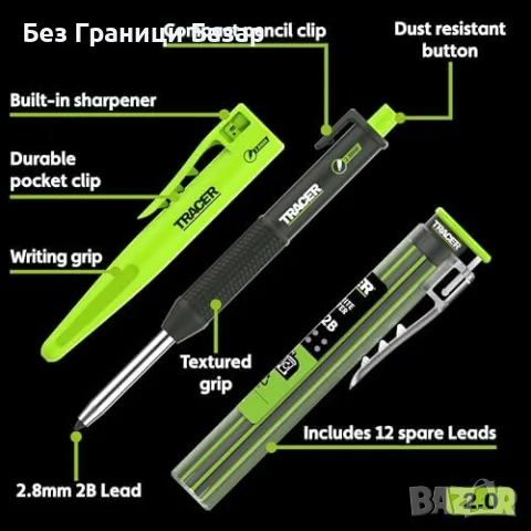 Нов Метален строителен молив Tracer Pencil 2.0 за дърво метал плочки с 12 графита и кобур, снимка 3 - Други инструменти - 55943396