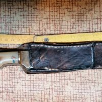 Стар кован 0вчарски нож рог и бронз с кожена кания, снимка 7 - Ножове - 34766668