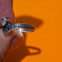 Стариннен дамски  сребърен пръстен с цирконии и  с думи към Исус в релефен надпис " Господи, спаси и, снимка 4 - Пръстени - 44165716