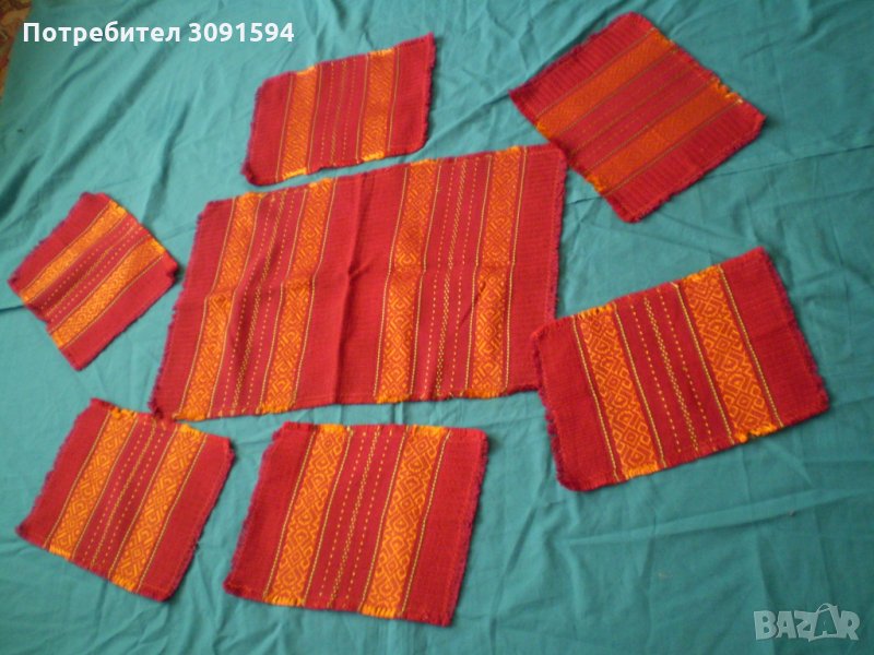 Традиционна червена  българска покривка с 6 салфетки  Българска шевица, снимка 1