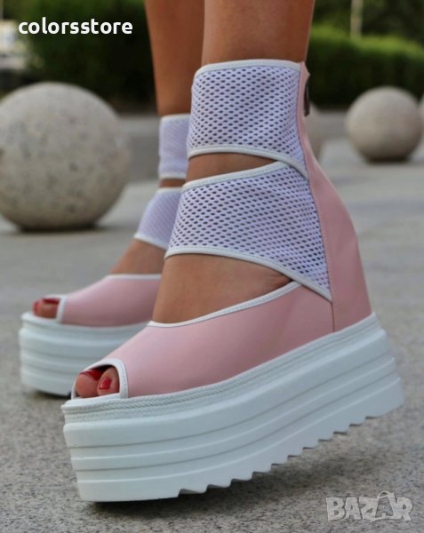 Летни боти на платформа - пудра кожа с бяло ходило - LB70, снимка 1