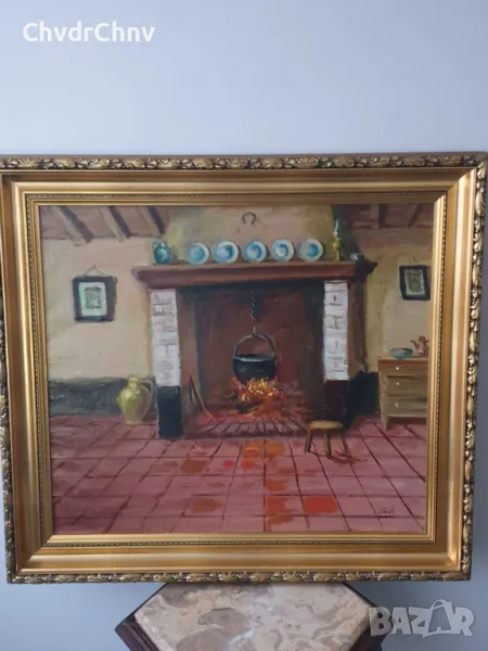 Ceuls 74х67см/стара картина масло върху платно/натюрморт-стая-камина/дървена рамка, снимка 1