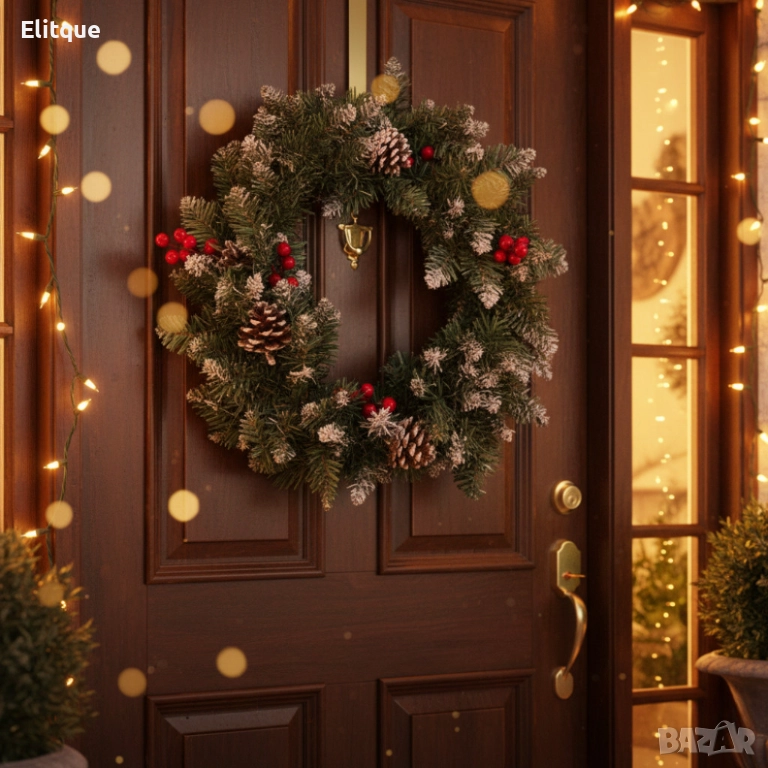 Коледен венец с шишарки и червени плодчета - 40 см, снимка 1