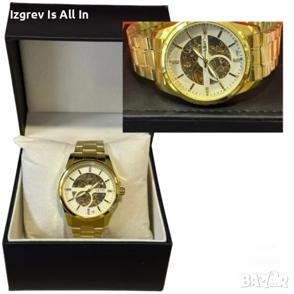 Луксозен златен мъжки часовник с арабски цифри и открит механизъм, снимка 1