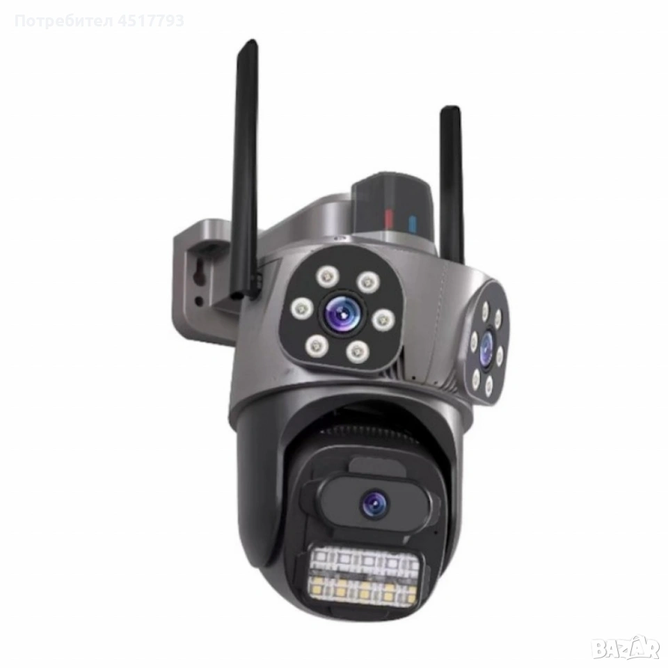 Тройна външна WiFi камера 9MP с аларма, 24 диода, iCSee, 64GB памет, снимка 1
