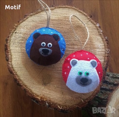 Коледна декорация / Коледни играчки за елха от филц ръчна изработка мече , снимка 3 - Декорация за дома - 34299664