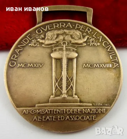 КРАЛСТВО ИТАЛИЯ-НАГРАДЕН МЕДАЛ ЗА ПОБЕДАТА В ПЪРВА СВ.ВОЙНА, снимка 3 - Колекции - 49871510